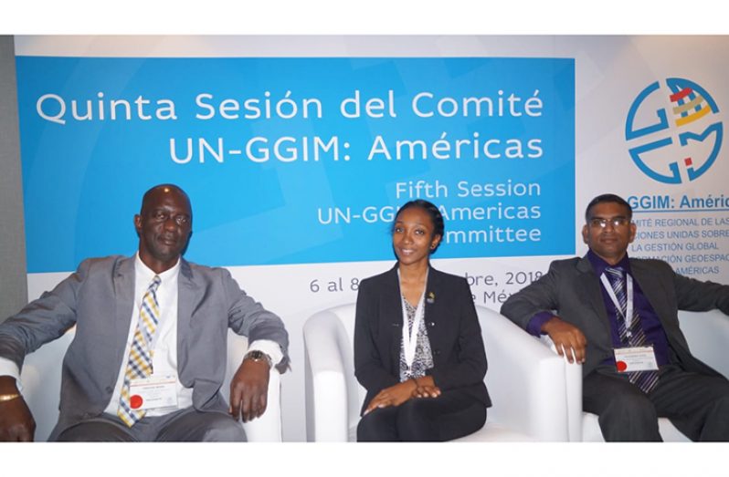 Commissioner and Chief Executive Officer of the Guyana Lands and Surveys Commission, Trevor L. Benn; Tavendra Ojha and Micaela Reece at the Fifth session of the United Nations—Global Geospatial Information Management (UN-GGIM): Americas Regional Workshop on Integration of Statistical and Geospatial Information in Mexico