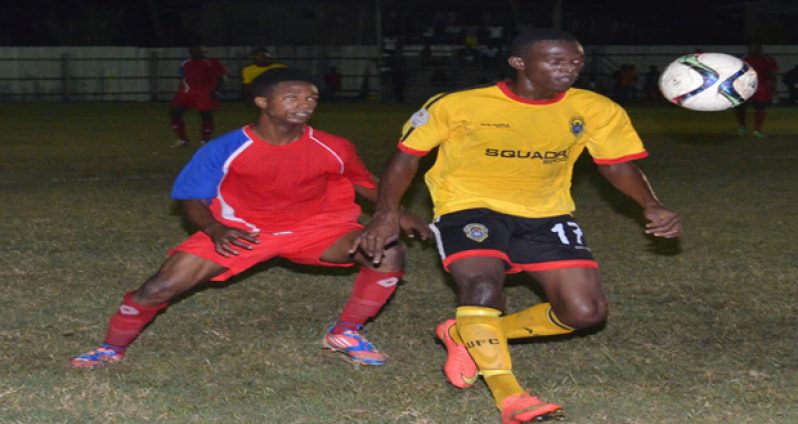 Alpha United’s goal scorer Delon Lanferman in possession of the ball against Monedderlust at the #5 Ground in Berbice (Delano Williams photos).