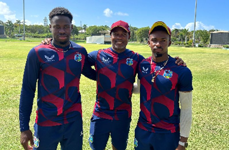Brian Lara (centre) with Kirk McKenzie (left) and Alick Athanaze during West Indies’ preparation for the first Test