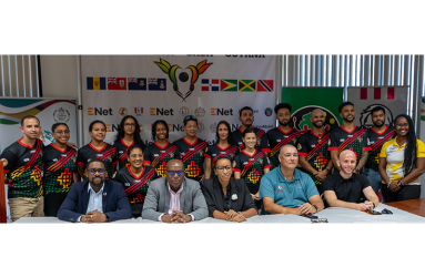 From left (seated): ExxonMobil Guyana's Community Relations Supervisor - Ryan Hoppie, Director of Sport - Steve Ninvalle, Deputy Chair of the National Sports Commission – Cristy Campbell, President of the Guyana Squash Association – David Fernandes and ENet’s Head of Mobile Networks - Robert Hiscock.
In the back: Athletes and other officials after the launch of the event on Friday