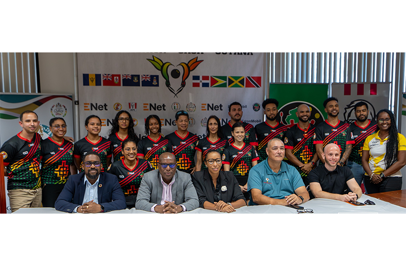 From left (seated): ExxonMobil Guyana's Community Relations Supervisor - Ryan Hoppie, Director of Sport - Steve Ninvalle, Deputy Chair of the National Sports Commission – Cristy Campbell, President of the Guyana Squash Association – David Fernandes and ENet’s Head of Mobile Networks - Robert Hiscock.
In the back: Athletes and other officials after the launch of the event on Friday