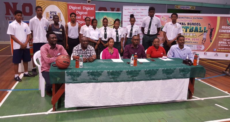 Representatives from the various sponsors, along with organisers of the YBG National School’s Basketball Championship at yesterday’s launch