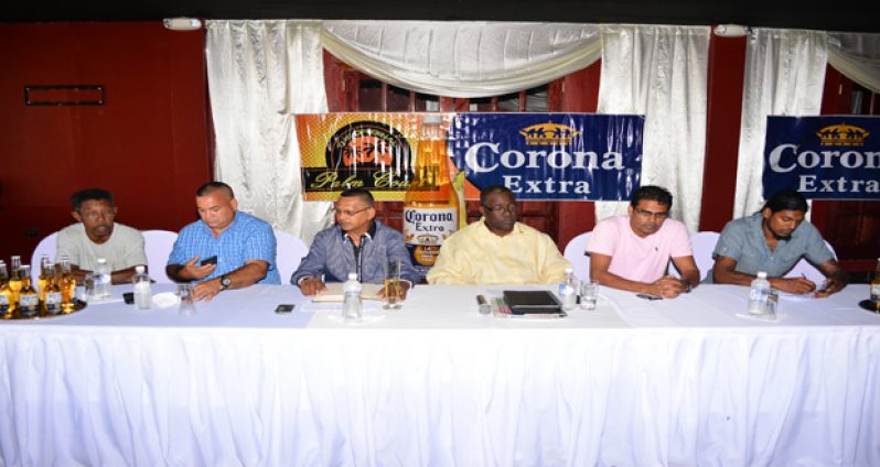 From (L-R) Hall of Fame inductees and veteran riders Terrance Clarke and Brian McIntosh, president of Sheik Yassen Promotions Sheik Yassen, Top Brandz Bobby Vieira, Ogle Community Centre president Alim Mohamed and the chairman of the proceedings Rudi Balgobind.