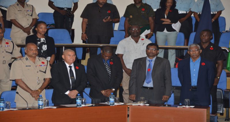 President David Granger, Public Security Minister Khemraj Ramjattan, Public Infrastructure Minister David Patterson, Public Health Minister Dr. George Norton, and Police Commissioner Seelall Persaud during the launching of Road Safety Month on Wednesday.