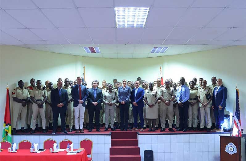Commissioner of Police Clifton Hicken and US Ambassador to Guyana, Nicole D. Theriot (centre) flanked by representatives of the Miami-Dade Sheriff’s Office, officials from the US Embassy and ranks who will participate in the Crisis Management Training Programme