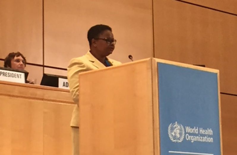 Public Health Minister Volda Lawrence addressing the 71st World Health Assembly in Geneva, Switzerland.