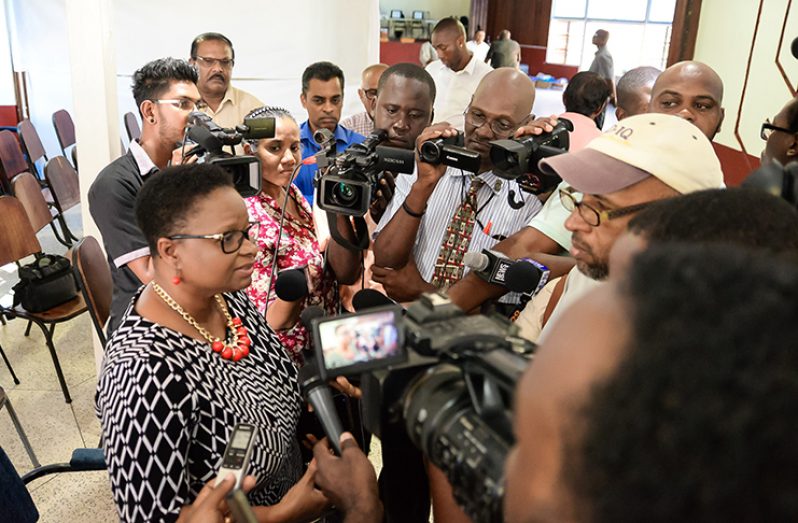 PNCR Chairperson and Minister of
Public Health, Volda Lawrence answers
questions from members of the media
on Tuesday following the declaration of
results for the Georgetown Municipality
following Monday’s Local Government
Elections. (Delano Williams photo)