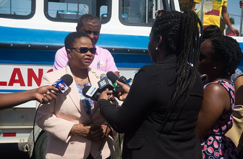 Minister of Public Health Volda Lawrence speaking to reporters at the Square of the Revolution on Tuesday on the precautionary measures being taken by the Health Ministry after more than a dozen persons fell ill in Matthews Ridge Manganese Mines (Delano Williams Photo)