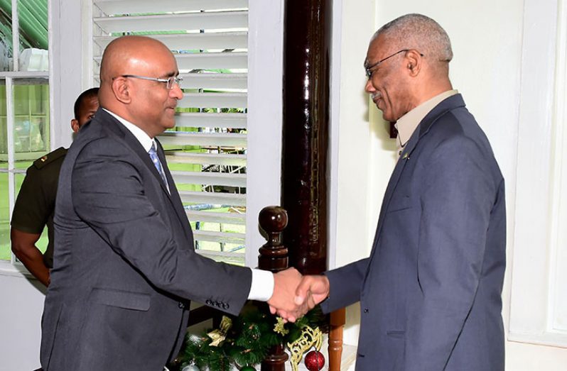 File Photo: President David Granger greeting Leader of the Opposition, Bharrat Jagdeo, at the Ministry of the Presidency earlier this year