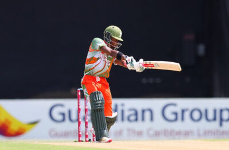 Alick Athanaze of the Windward Islands Infernos driving during his unbeaten 91 against the Guyana Rainforest Rangers (Photo courtesy CWI Media)