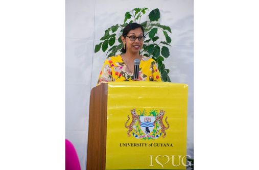 Dr Taijrani Rampersaud-Skorka, a University of Guyana alumna and current lecturer at the Centre for Communication Studies (CCS), addresses attendees during the launch of her book at the Turkeyen Campus