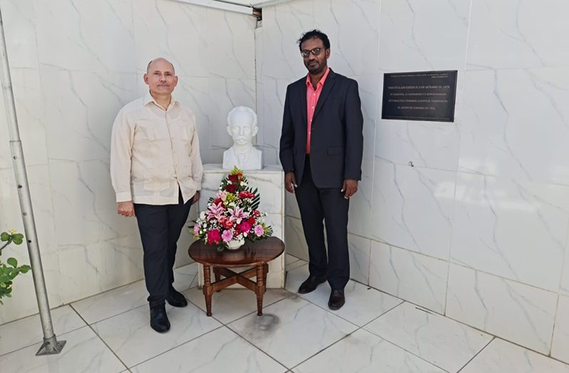 From left: Cuban Ambassador to Guyana, Jorge Francisco Soberón Luis and GCSM President, Halim Khan who participated in the ceremony held at the Cuban Embassy where flowers were laid at the José Martí monument
