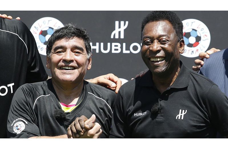 FLASHBACK: Football legends Pele (R) and Diego Maradona at an advertising soccer event on the eve of the opening of the UEFA 2016 European Championship in Paris, France, June 9, 2016. (REUTERS).