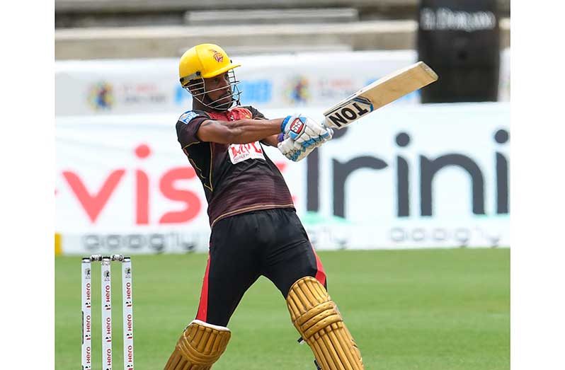 Lendl Simmons of TKR hits 6 during the Hero CPL match 23 vs St Kitts & Nevis Patriots at Brian Lara Cricket Academy yesterday in Tarouba, Trinidad and Tobago. (Photo by Randy Brooks - CPL T20/CPL T20 via Getty Images)