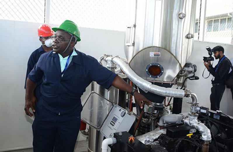 Dean in the Faculty of Agriculture and Forestry and project team leader, Dr. Lawrence Lewis demonstrates how the bioenergy gasifier operates (Samuel Maughn photo)