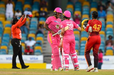 Chinelle Henry (2L) and Erin Burns (3L) of Barbados Royals celebrate winning the Women's 2023 Republic Bank Caribbean Premier League match 2 between Barbados Royals and Trinbago Knight Riders at Kensington Oval on September 2, 2023 in Bridgetown, Barbados (Photo by Randy Brooks/CPL T20 via Getty Images)