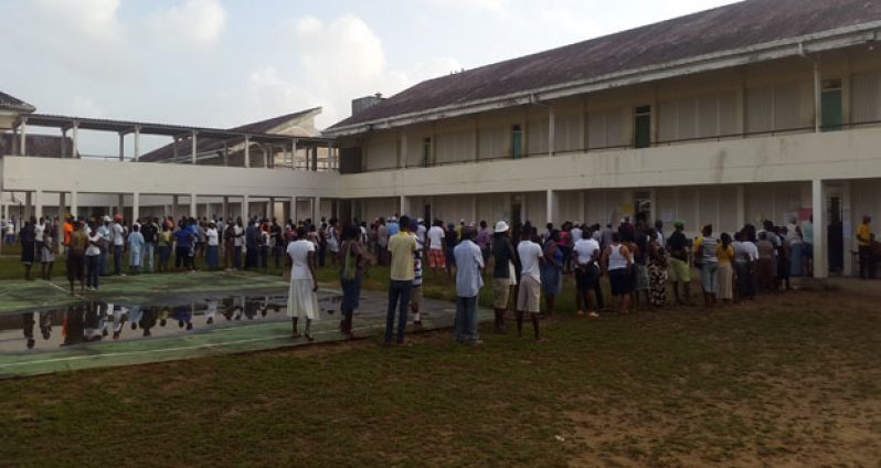 Lines were cued at the Linden Foundation Secondary School polling station in Amelia’s Ward from early morning