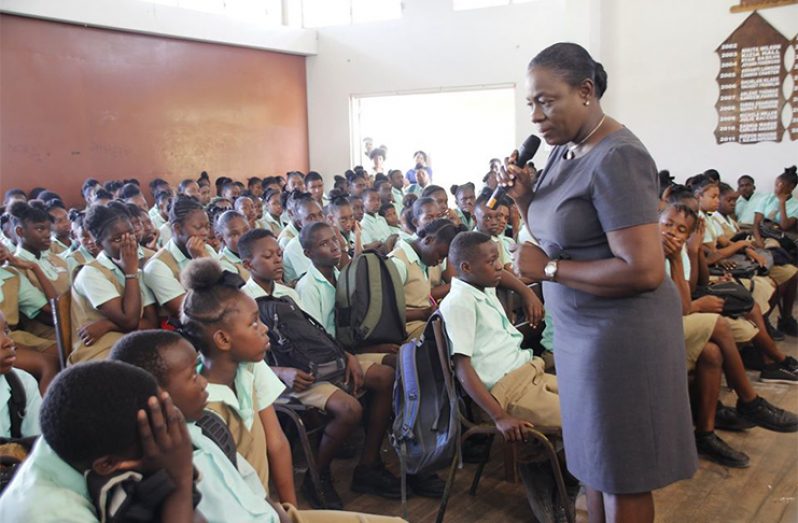 Minister of Education, Dr Nicolette Henry as she addressed students of one of several secondary schools at Linden on Friday.(MOE photo)