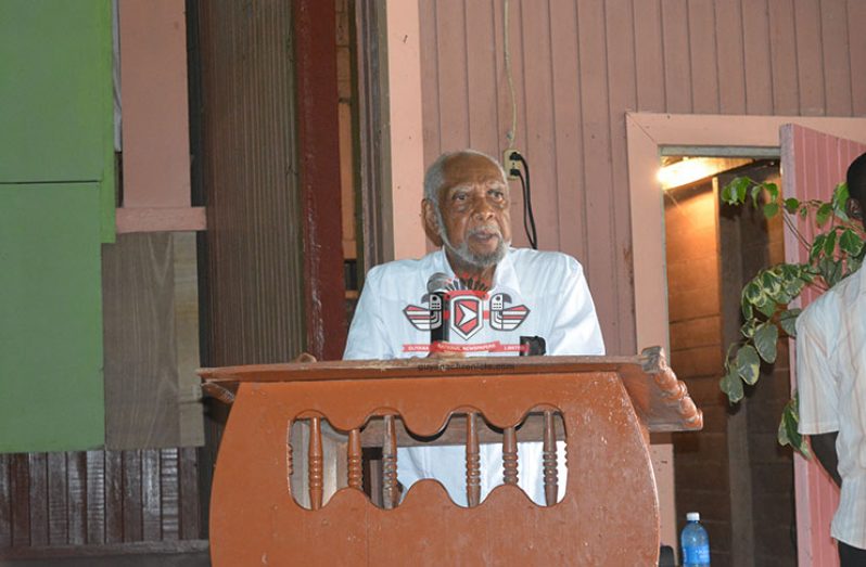 Chairman of the Lindo Creek Commission of Inquiry, Justice Retired Donald Trotman speaking during the public conversation at Kwakwani Workers’ Club