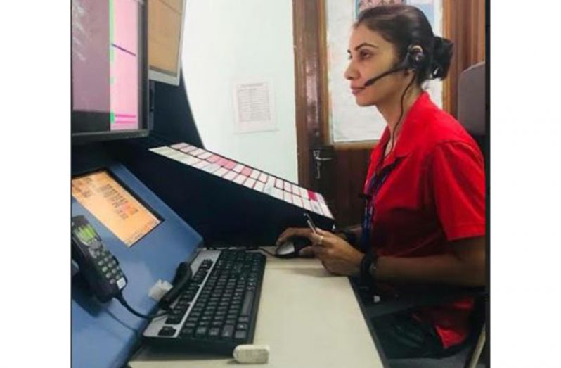 Air Traffic Control Officer 11, Lolita Fernandes at her job in the Control Tower at Timehri