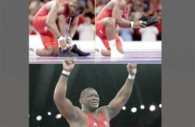 After the gold-medal performance, Cuban wrestler Mijain Lopez left his shoes in the arena to signal his retirement (Composite: BBC)