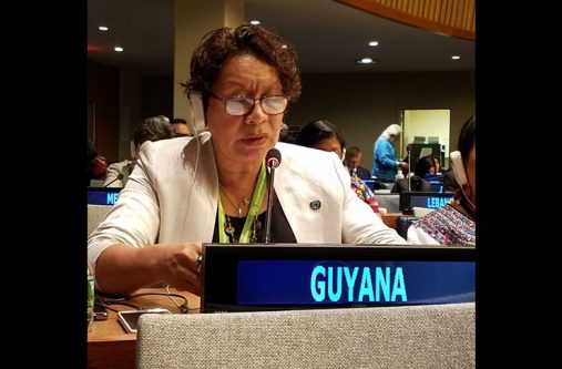 Minister within the Ministry of Indigenous Peoples’ Affairs, Valerie Garrido-Lowe at the United Nations Permanent Forum on Indigenous Issues at UN Headquarters in New York