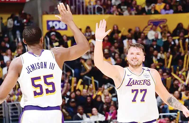 Luka Doncic (right) joined the LA Lakers in February after seven years with the Dallas Mavericks.