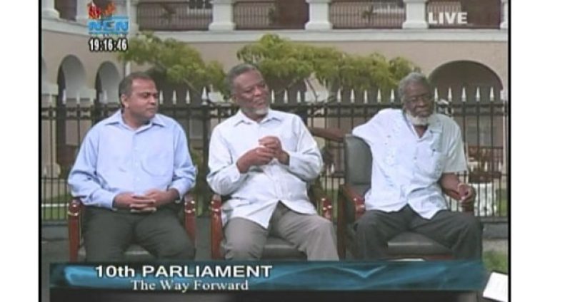 From left, Minister of Culture Youth and Sport,  Dr. Frank Anthony; Prime Minister Samuel Hinds; and  Cabinet Secretary Dr. Roger Luncheon, on the programme ‘The 10th parliament, the way forward’, on NCN