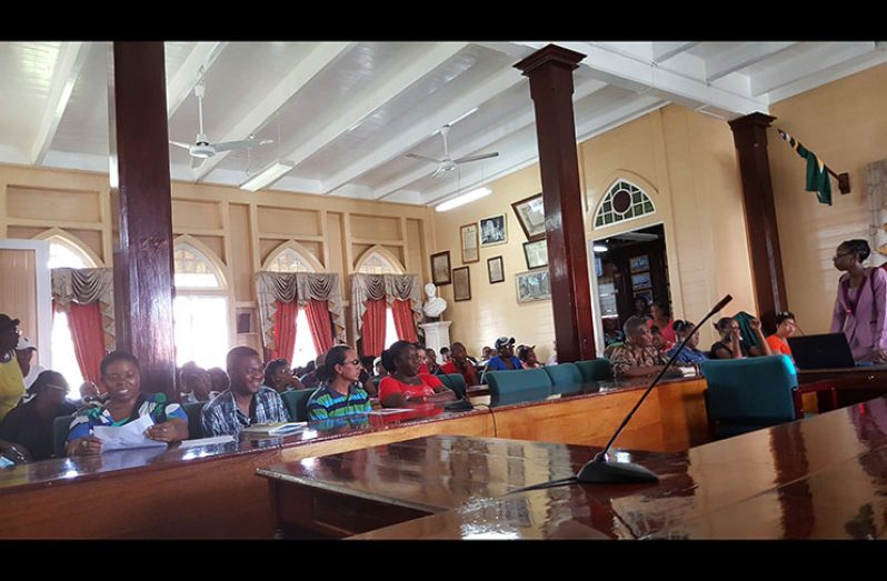 Chief Meat and Food Inspector, Onica Alleyne-Blackman, addressing the gathering of street-food vendors on Thursday at City Hall