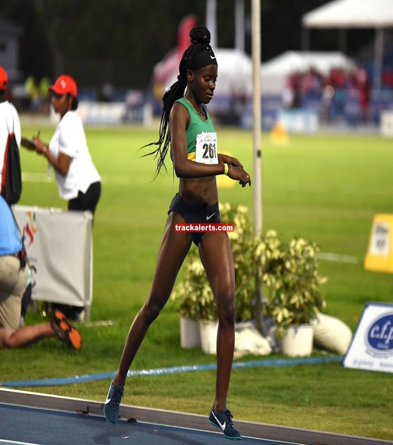 The Golden run! Claudrice McKoy crosses the line unchallenged to win the Girls U20 1500 metres at the CARIFTA Games.