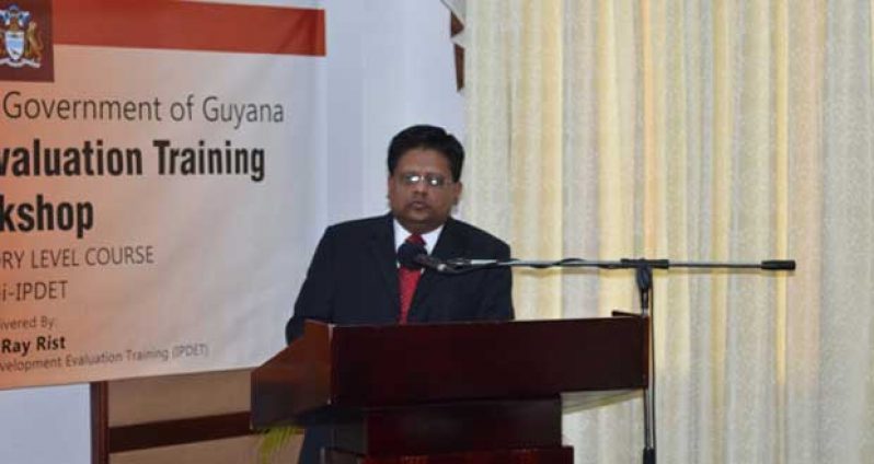 Minister of Finance Dr. Ashni Singh delivering his remarks at the opening ceremony of another five- day Monitoring and Evaluation workshop