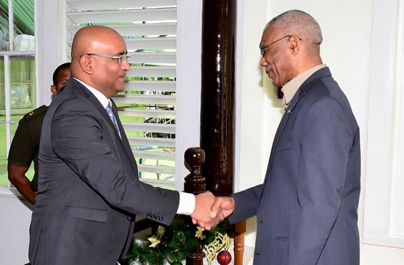 President David Granger and Opposition Leader Bharrat Jagdeo at a previous meeting (file photo)