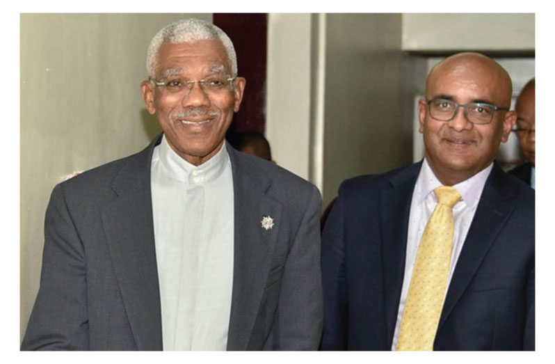 President David Granger and Opposition Leader, Bharrat Jagdeo, during a meeting back in 2019 (Ministry of the Presidency photo).