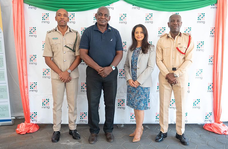 (From left) Director of Prisons (ag), Nicklon Elliot; Minister of Home Affairs, Robeson Benn; MMG General Manager, Bobita Ram and Chief Fire Officer (ag), Gregory Wickham, at the launch on Wednesday