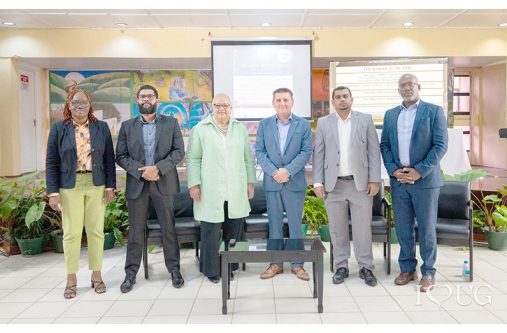 From Left to right: Director of UG’s International Centre for Migration and Diaspora Studies (MiDiAS) Dr Coreen Jacobs-Chester; Director of Distribution, MMG Richard Das; Fellow, MiDiAS Gillian Williams; Deputy CEO of One Communications Guyana Richard Stanton; CEO of MMG Mark Singh, and Partnership Program Office, One Communications Group Carl Momplaisir at the project launch