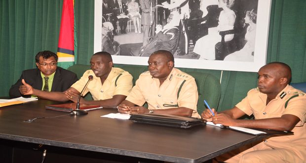 Minister of Public Security, Khemraj Ramjattan is flanked by Officer in charge of the Georgetown Prisons, Senior Superintendent Kevin Pilgrim , Director of Prisons ,Carl Graham and Deputy Director of Prisons, Acting Senior Superintendent Gladwin Samuels at yesterday’s press conference.