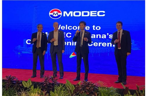 (L-R) Senior Executive Managing Officer, Katsuyuki Imaizumi & Group COO; ExxonMobil Guyana's President, Alistair Routledge; Oichi Ide, the Group's Chief Digital Officer and Head of Floating Production Solutions at MODEC; and MODEC's Country Manager, Rafael Fumis (OilNow photo)