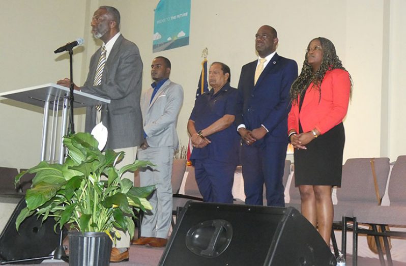MoG executive members with Prime Minister Moses Nagamootoo at the organisation’s launch in New York on Monday. At left is MoG President, Dr. Vishal Joseph; second right is MoG Chairman Rickford Burke
