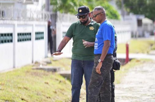 President Dr. Irfaan Ali on Sunday with National Coordinator for Guyana's “Men on Mission” (MoM) initiative Lieutenant Colonel Bhageshwar Murli making developmental plans between Kingston and Tiger Bay