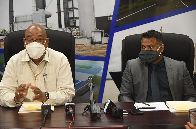 Public Works Minister, Juan Edghill (left) and Minister within the Ministry of Public Works, Deodat Indar (right), during a press conference, on Monday,  to address the issue of the mangroves being displaced (Adrian Narine photo)