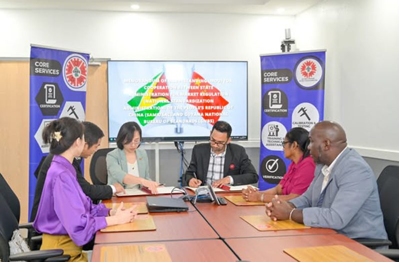 Executive Director of GNBS, Trevor Bassoo and China’s Ambassador to Guyana, Guo Haiyan signed the MoU that will better streamline the standardisation practices of both nations, improving trade