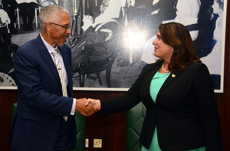 Minister of Business Dominic Gaskin and Newfoundland Minister of Natural Resources Siobhan Coady shaking hands after signing the MoU on Monday at the Ministry of the Presidency. Photo by Adrian Narine