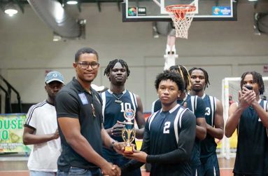 Finals MVP – Carmelo Man-Son-Hing collects Trophy from GABA president, Jermaine Slater