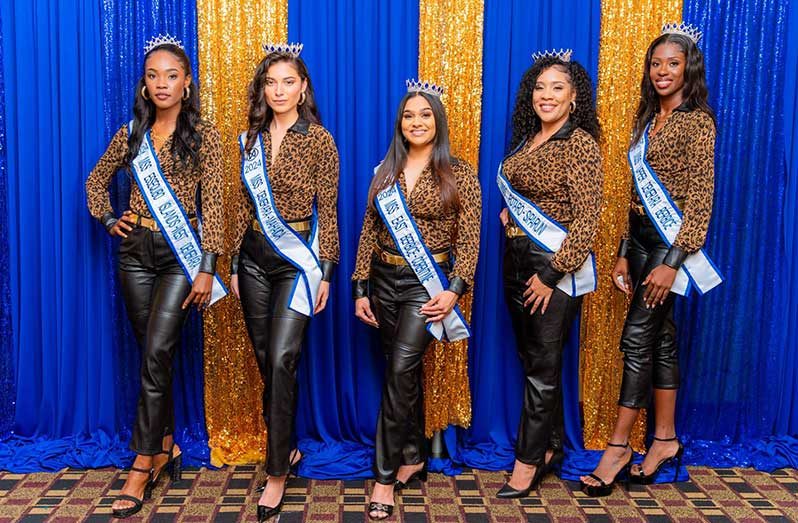 From left to right: MWG 2024 top five national finalists Naheeryah Newland, Lieve Blanckaert, Rachael Mohabir, Diana Lopez, and Zalika Samuels (Miss World Guyana photo)