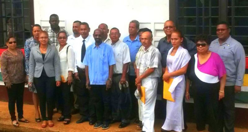 Minister of Social Cohesion, Amna Ally, (second right) poses with the elected councillors of the Mabaruma Town Council.  Also in picture is Region One Chairman, Brentnol Ashley (right) and Vice-Chairman Sarah Browne (third from left)