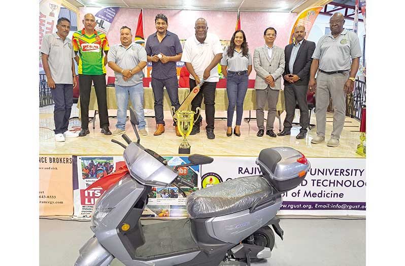 Flashback: Launching of the 2024 tournament at the Muslim Youth Organisation - From left are Inderjeet Persaud (Emcee)), Mahendra Hardyal (owner of Regal teams), John Ramsingh, Ershad Mahamad (Guydrones), Prime Minister Mark Phillps, Telesha Ousman (GSCL Secretary), Dr Jinendra Singh and GSCL Ian John.