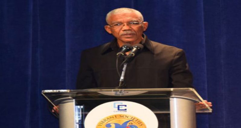 President Granger addressing colleague CARICOM Heads and other delegates at yesterday’s opening of the three-day confab at Barbados’ Hilton Hotel (Photo courtesy of the Ministry of the Presidency)