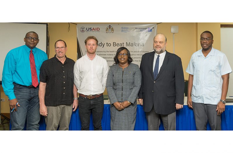 Minister within the Ministry of Public Health Dr. Karen Cummings (centre) and US Ambassador Perry Holloway (second left) with stakeholders in the Breakthrough ACTION Malaria Project, including J Douglas Storey, Director of Communication Science and Research – Johns Hopkins University (second left), THINK ACTION Representative Rohan Doherty (third left), and Dr. Horace Cox (extreme right) (Samuel Maughn photo)