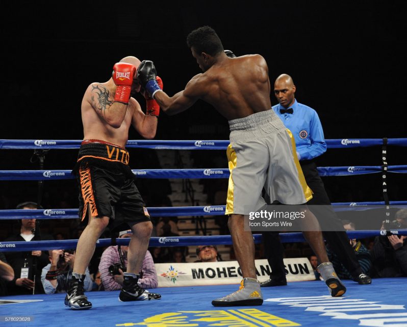 FLASHBACK! Simeon Hardy connects to Vito Gasparyan during their super welterweight clash.