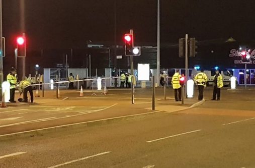 Police at work, closing off the streets surrounding the Manchester Arena late last night (Photo courtesy AFP)